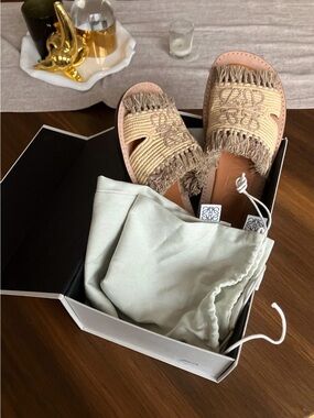Loewe Beige Woven Fringe Slide Sandals